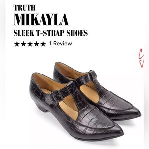 Fluevog NEW WO BOX Truth Mikayla sleek t-strap black croco buckle flats -10/10.5